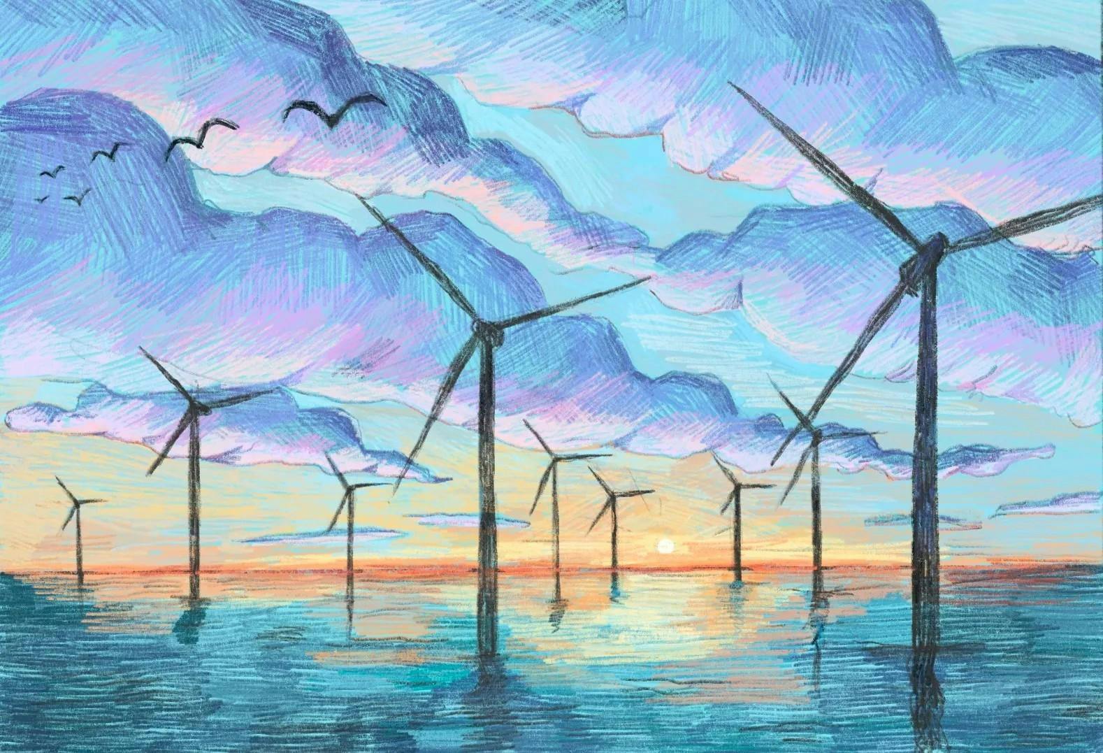 An illustration depicts wind turbines in the ocean. 