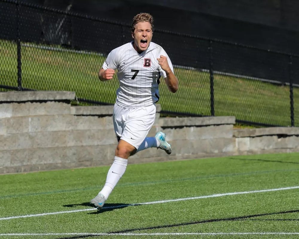 Lorenzo Amaral ’27 celebrates after scoring a last-minute goal to ensure Bruno victory.
Photo courtesy of Brown Athletics.
