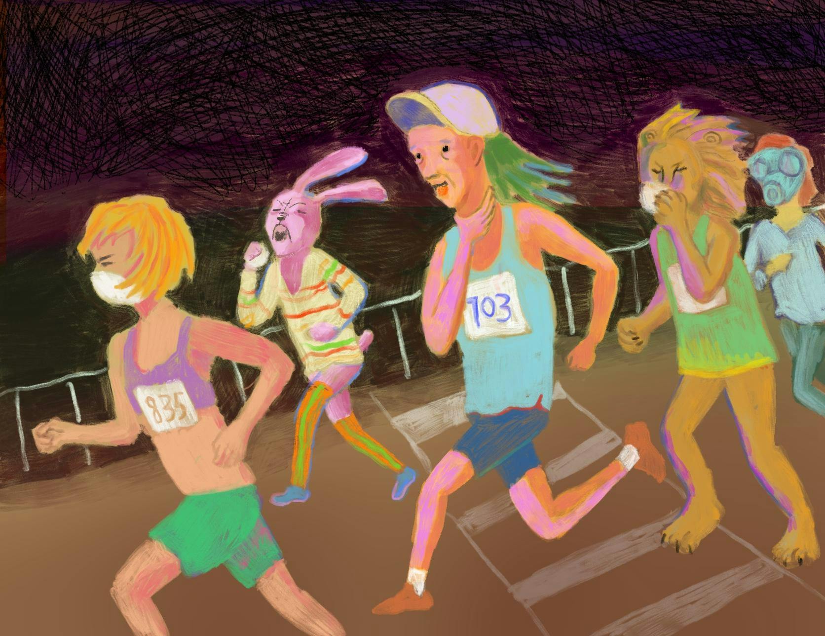 An illustration of animals and humans running a marathon through bad air pollution.