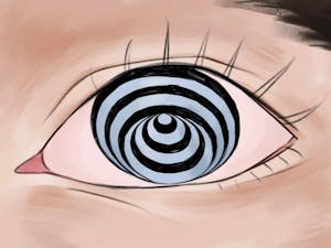 Illustration of black and white stripes in the shape of a cone in a human eye looking upwards.