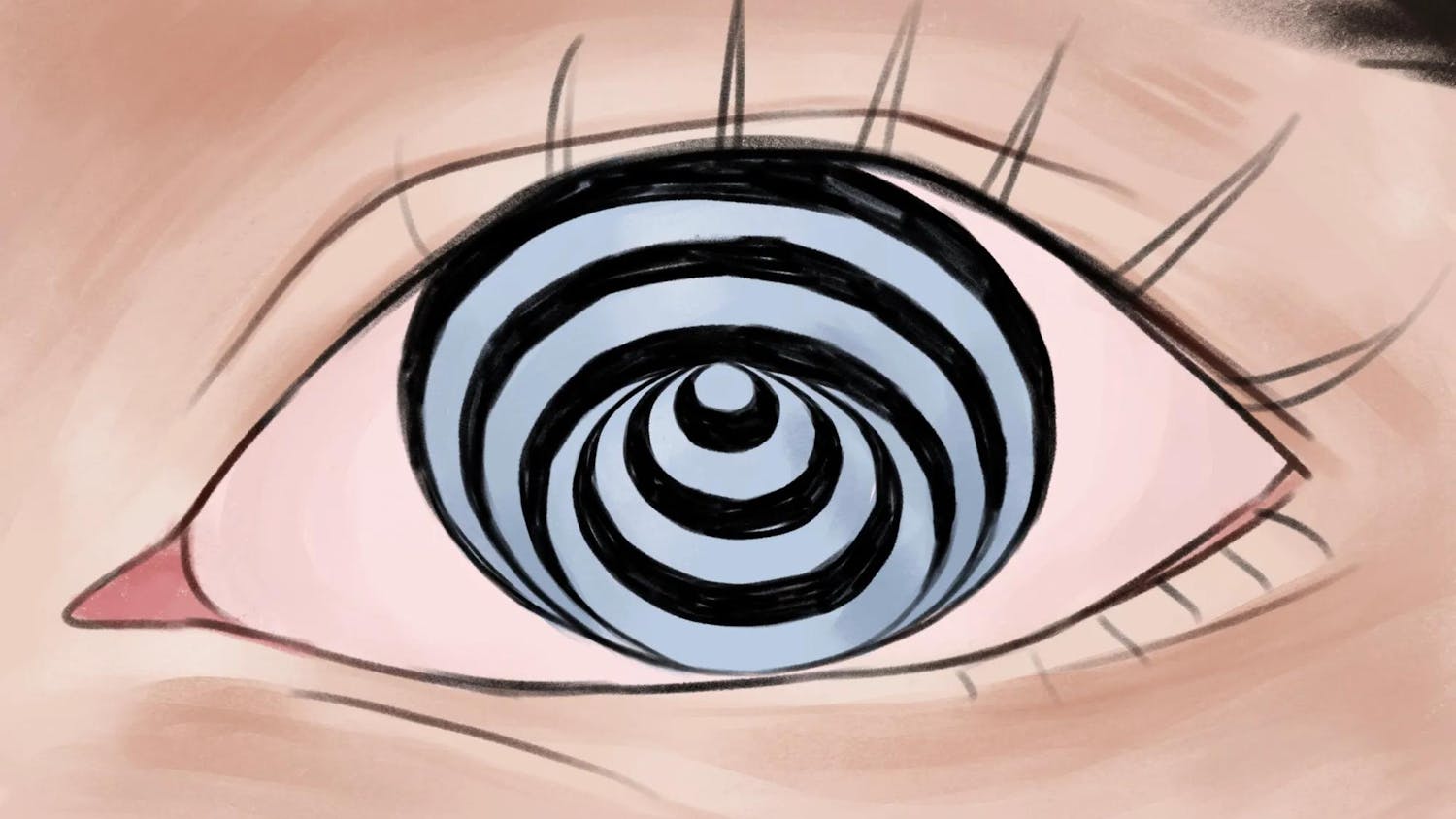 Illustration of black and white stripes in the shape of a cone in a human eye looking upwards.