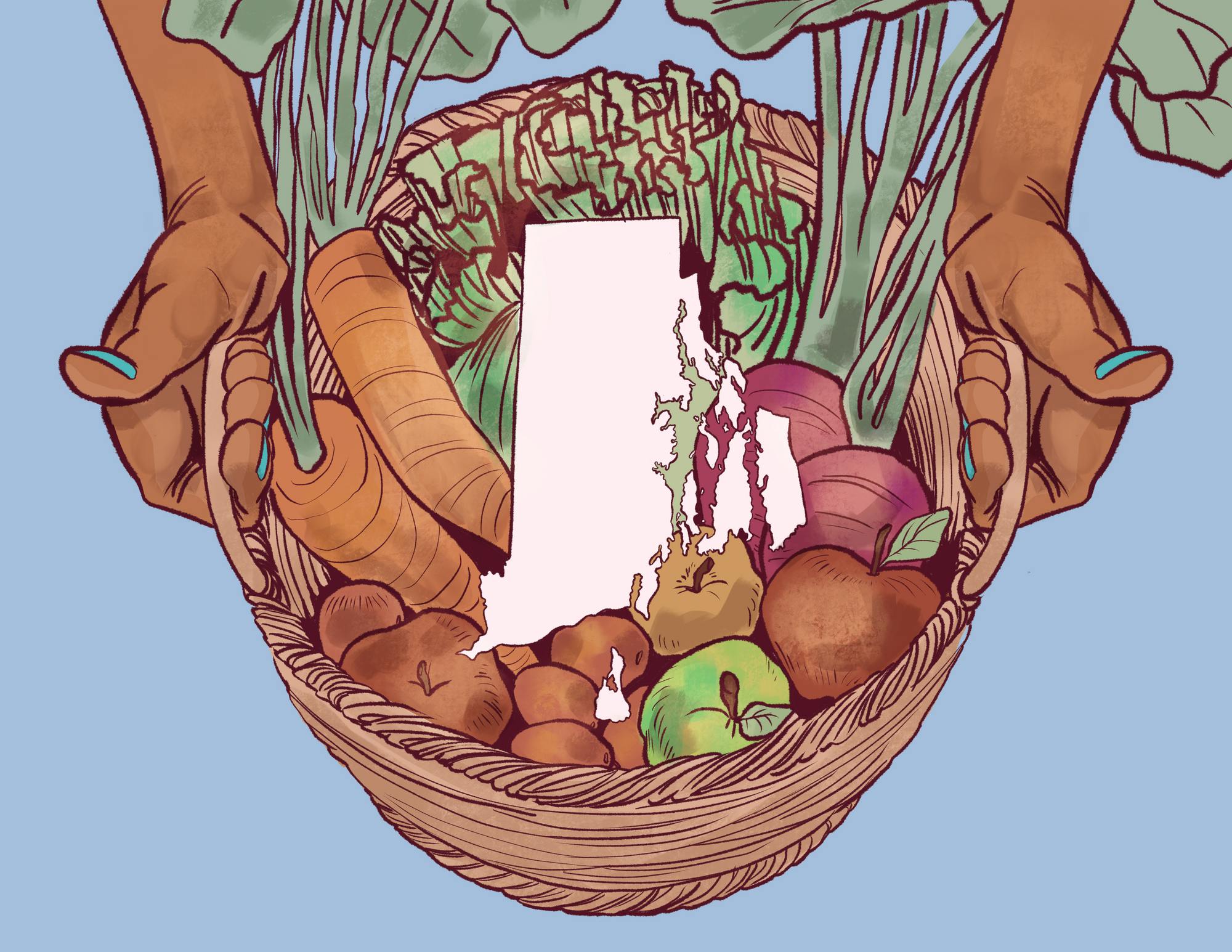 Illustration of two hands holding a basket of carrots, cabbage, beets and apples with the Rhode Island state shape colored white placed in the center. 
