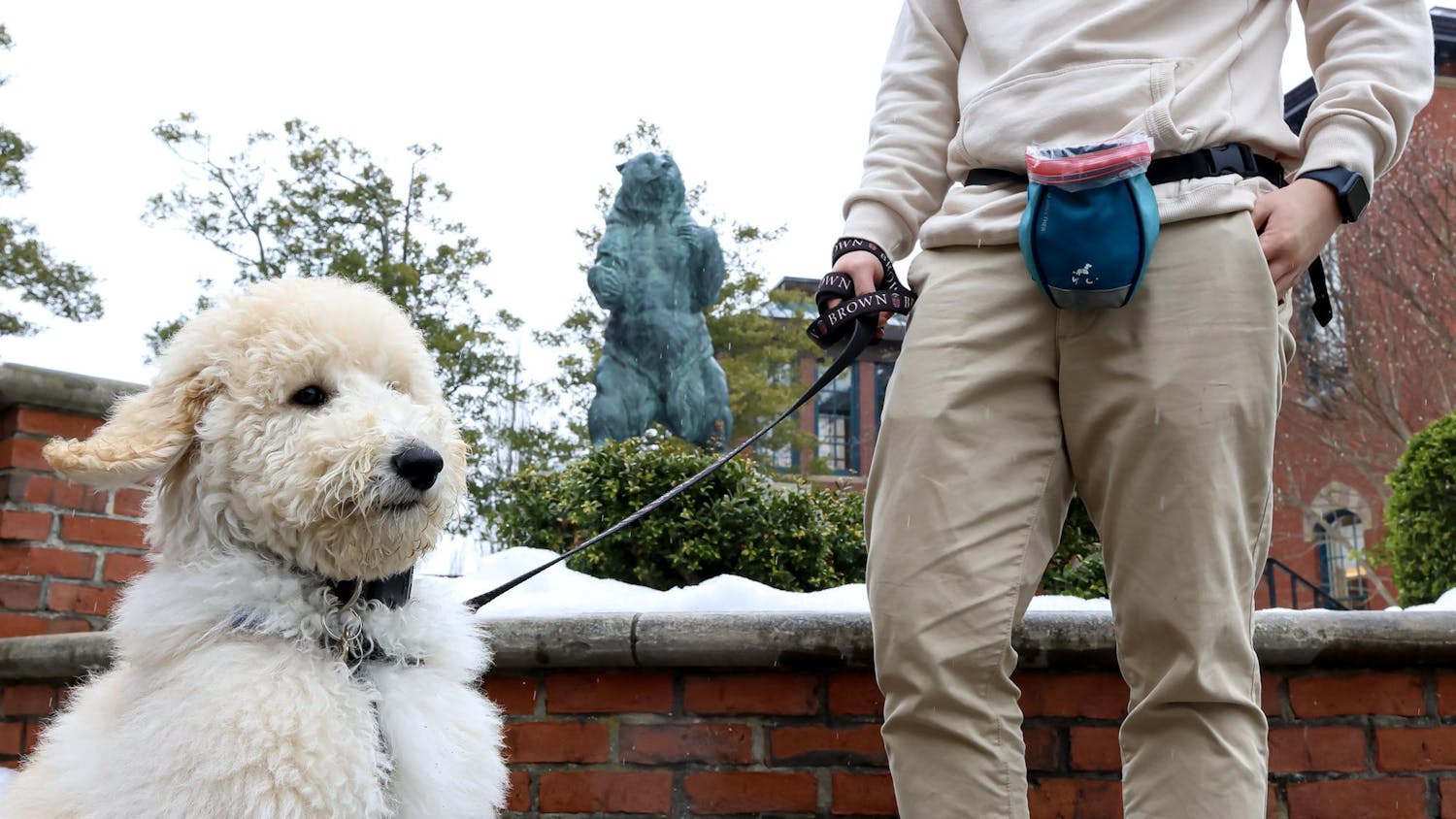 A photo of a sitting dog and its walker in front of the Bruno statue by the Main Green.