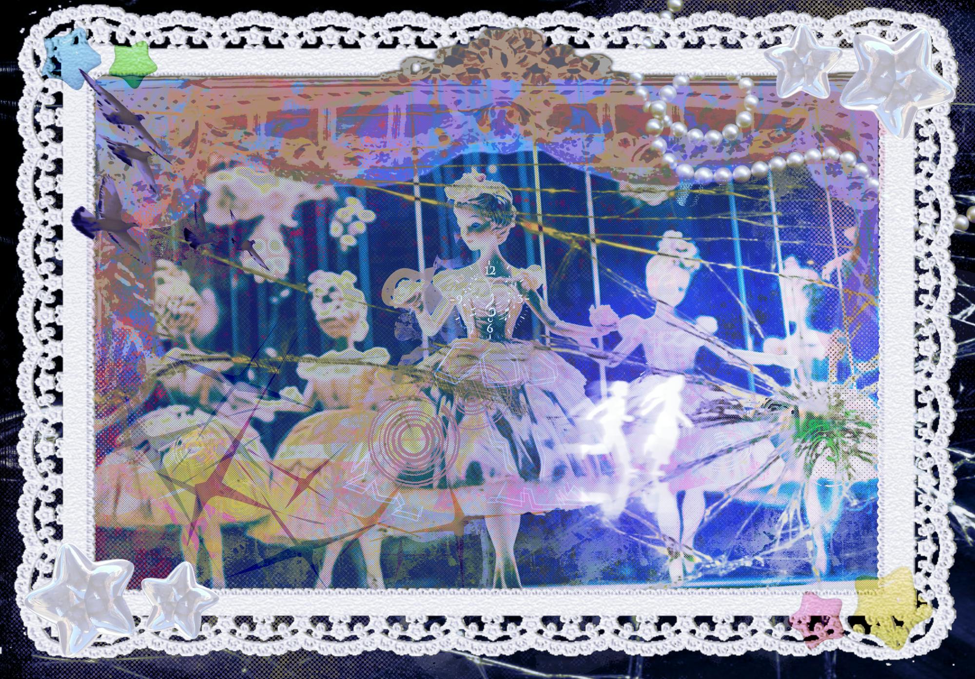 A picture of dolls on a stage with a lace border.