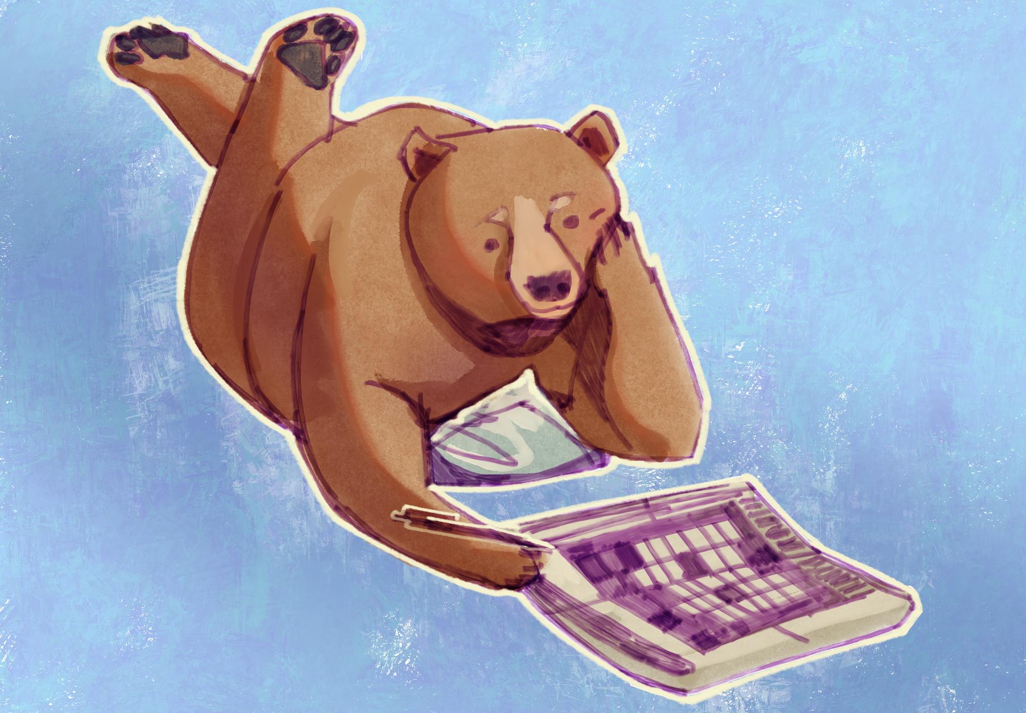 Illustration of a human-like bear laying down with its legs crossed and playing a crossword puzzle.