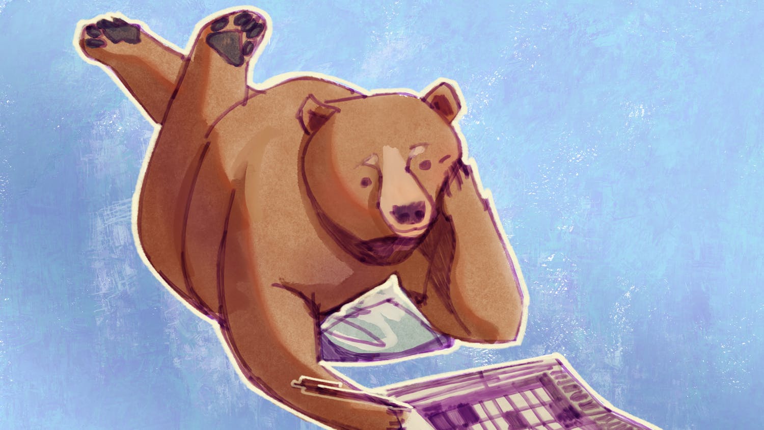 Illustration of a human-like bear laying down with its legs crossed and playing a crossword puzzle.