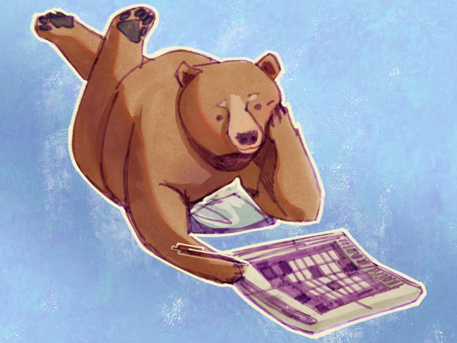 Illustration of a human-like bear laying down with its legs crossed and playing a crossword puzzle.