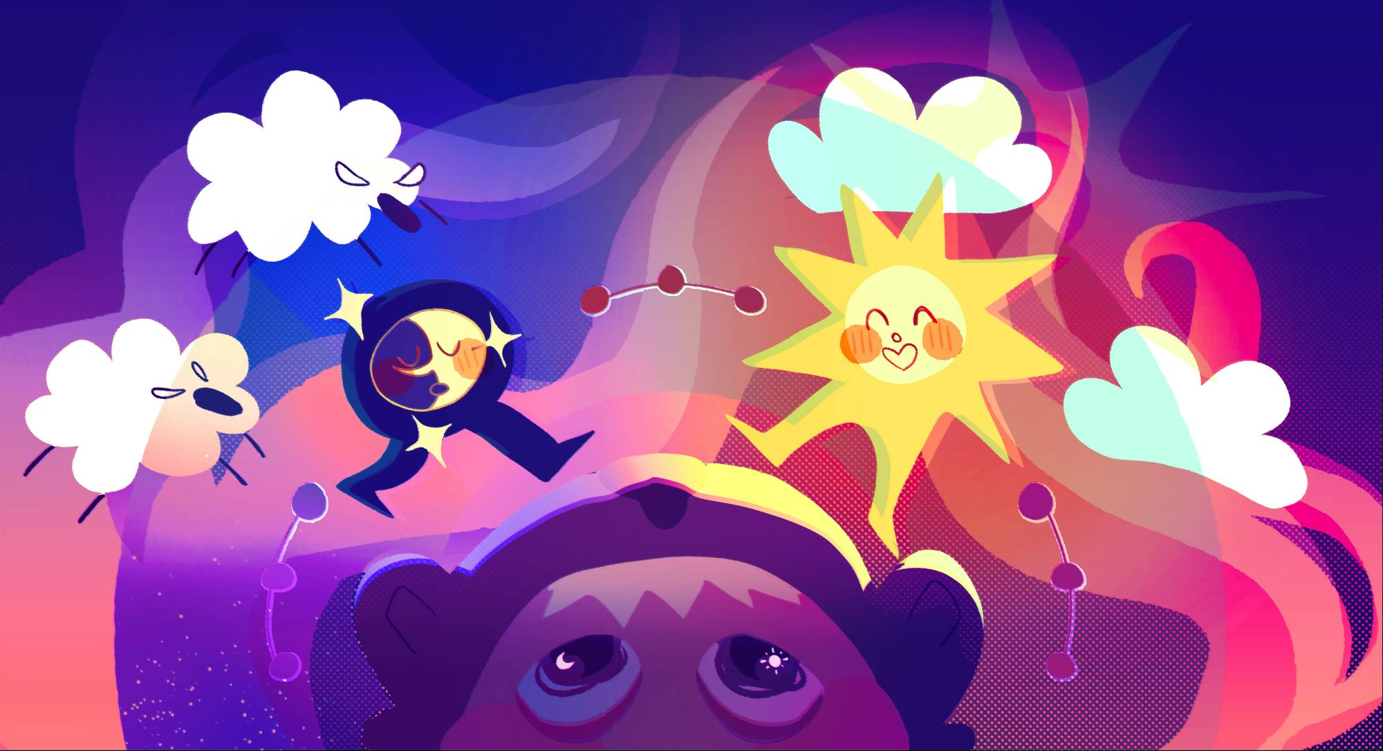 An illustration of the upper half of someone’s face, looking up at a sun, representing energy, on the right and a moon, representing feeling sleepy. There are white clouds on either side and the background is navy blue, purple, and red.