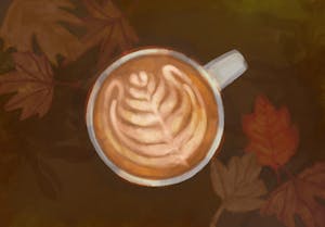 An illustration of a latte on a background of brown leaves. 