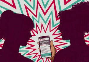An illustration shows two women’s silhouettes looking at a Today@Brown email on a phone. 

