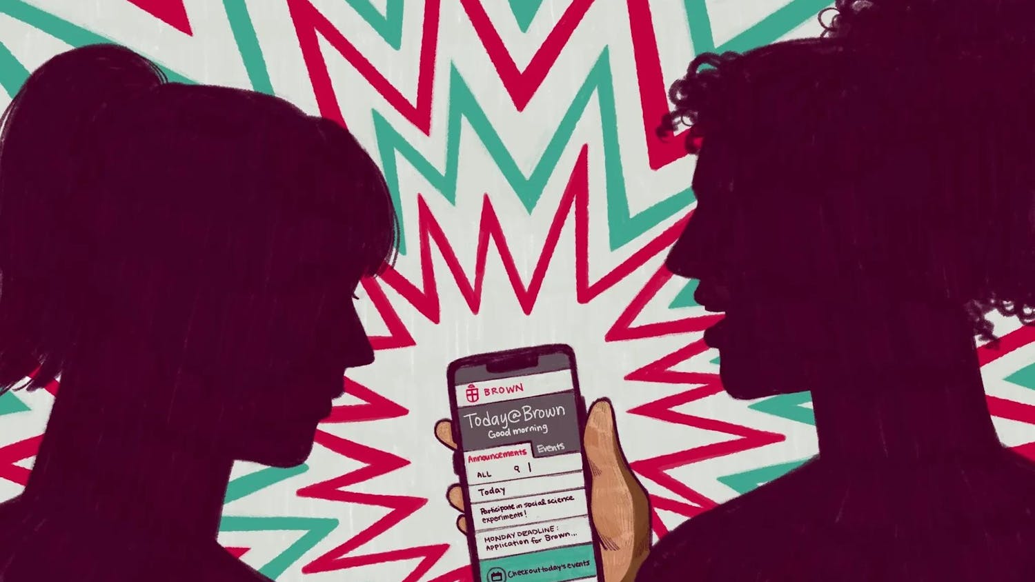An illustration shows two women’s silhouettes looking at a Today@Brown email on a phone.