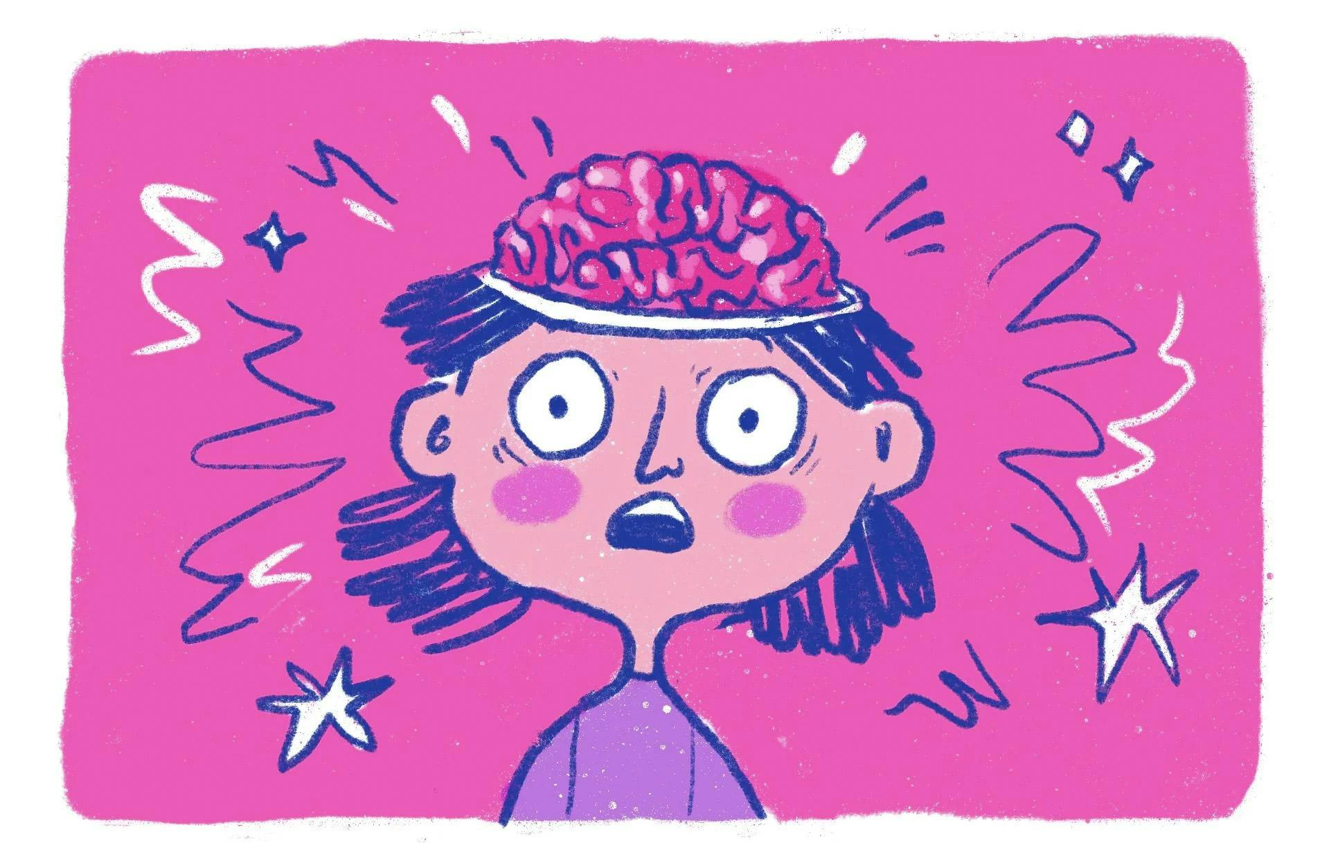 An illustration of a shocked person with their brain exposed.