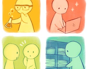 An illustration of students doing different academic activities such as typing on a laptop, holding a scientific flask, looking for books in the library and talking with other students.