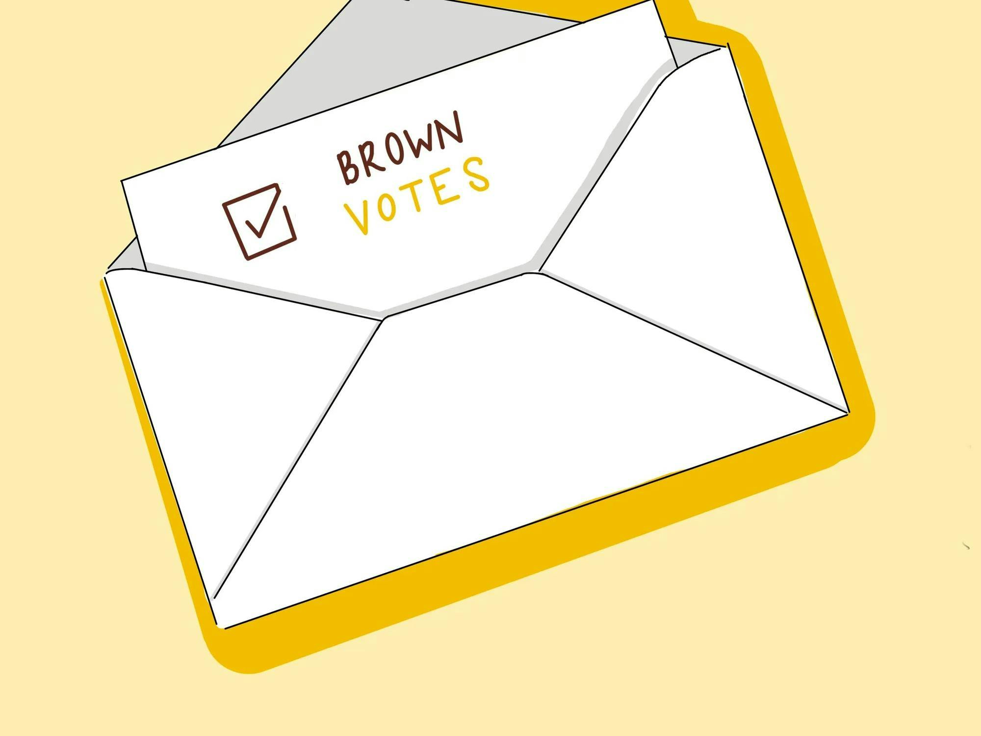 An illustration of an envelope with a slip of paper inside that says "Brown votes."