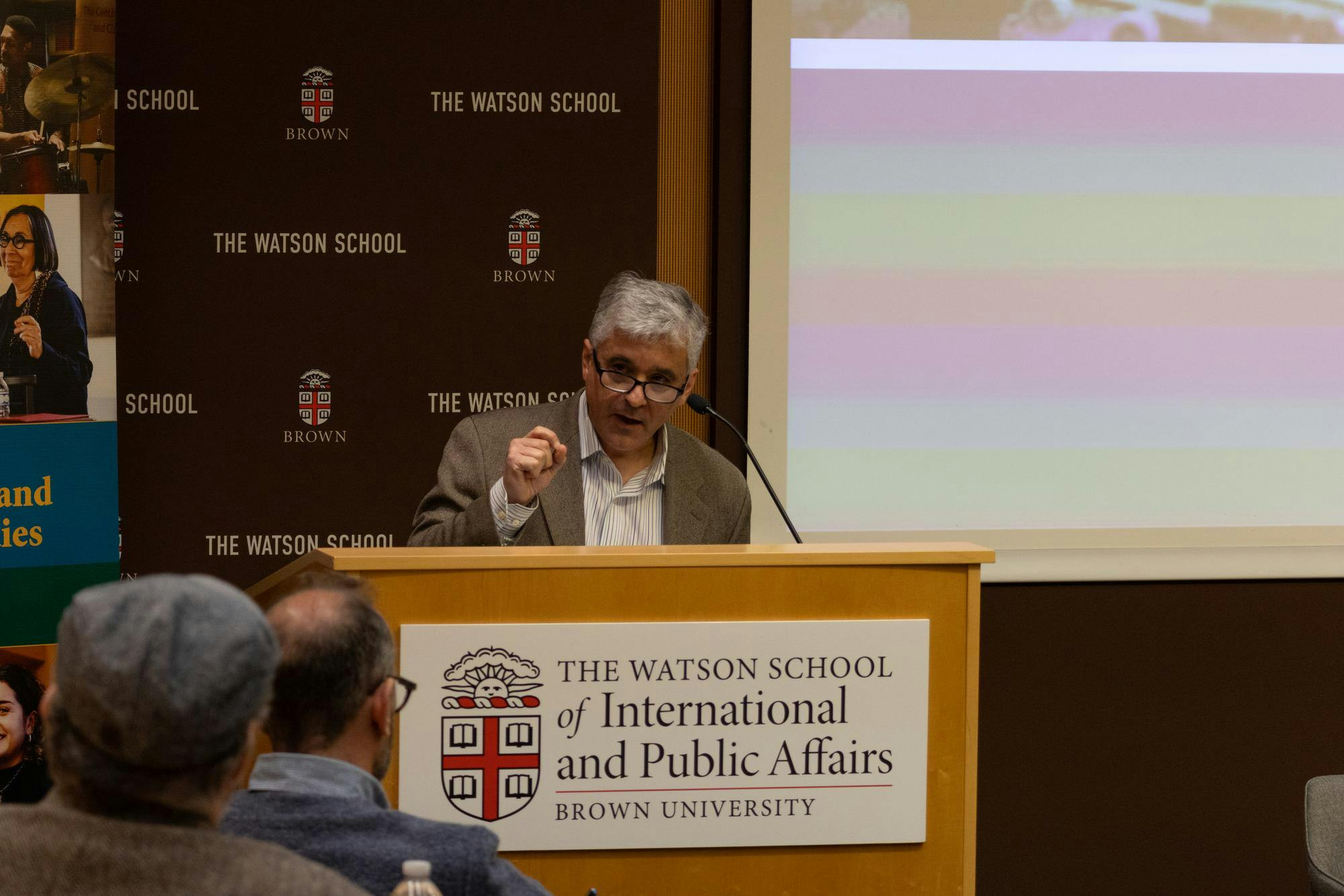 Photo of Steven Levitsky speaking from behind a podium which reads "The Watson School of International and Public Affairs."