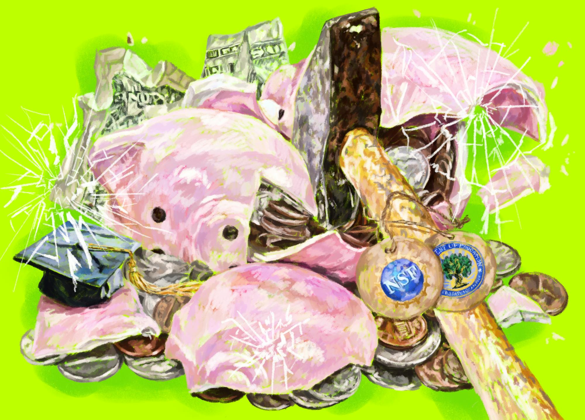 An illustration depicts a hammer adorned with the logos of the NSF and Department of Education breaking a piggy bank against a neon green background, revealing coins and cash. 

