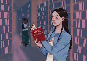 A woman in a library holds up a poetry book by Pablo Neruda.