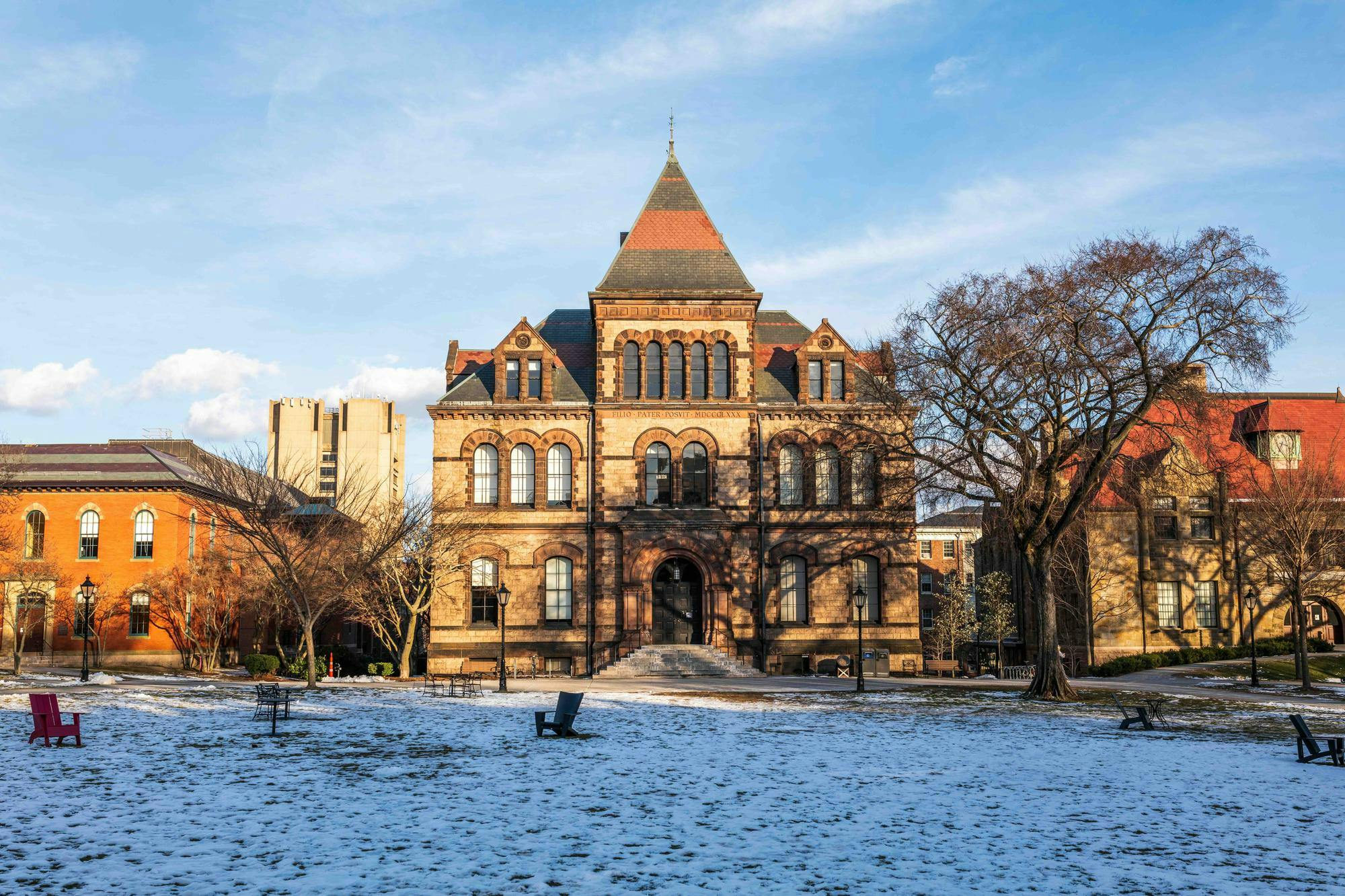 Sayles Hall on a snowy day. 