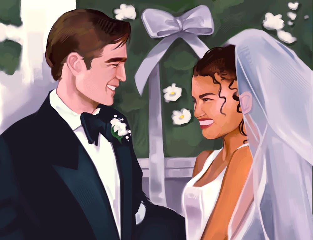 Drawing of a bride and groom smiling during their wedding.

