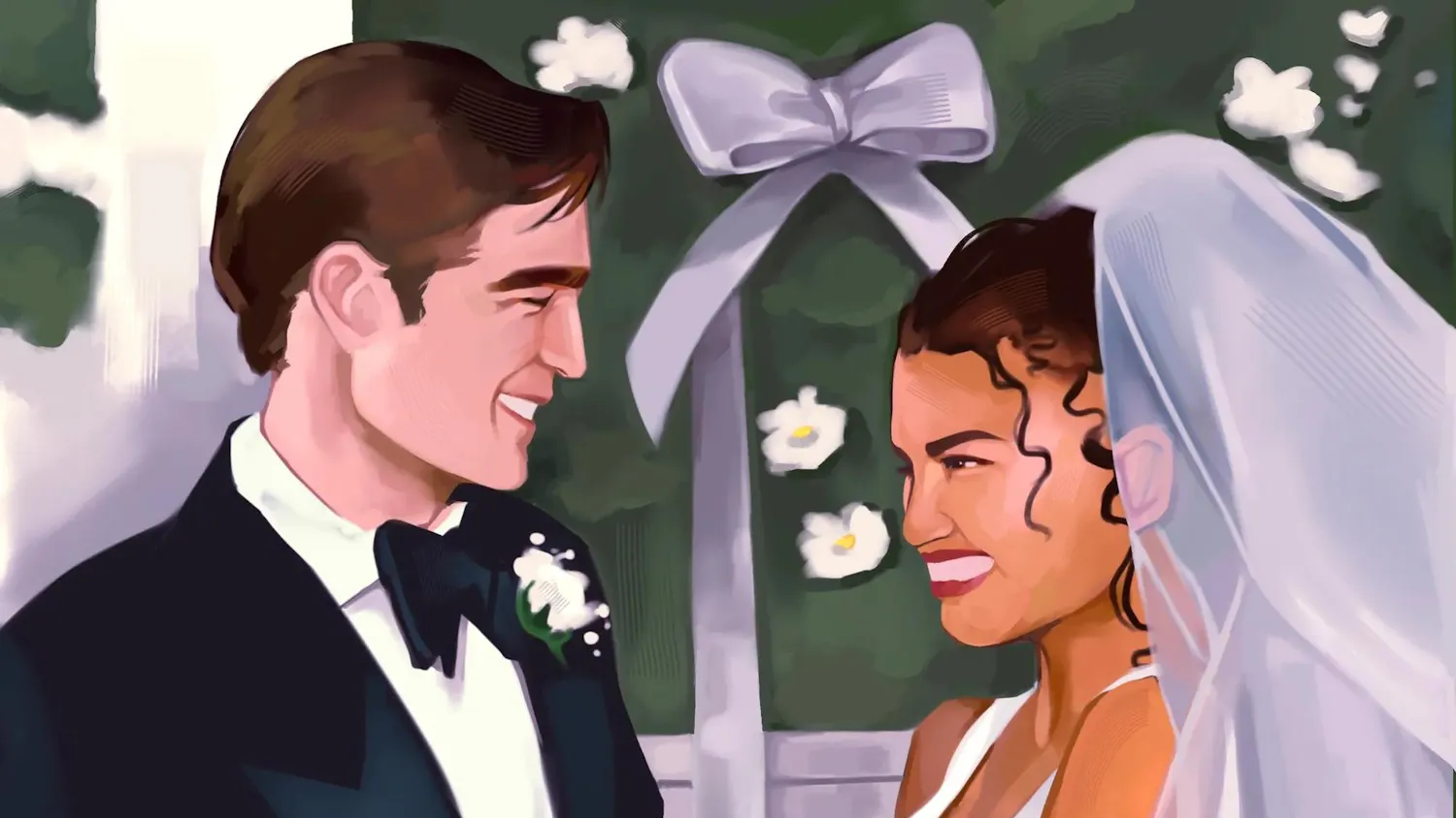 Drawing of a bride and groom smiling during their wedding.