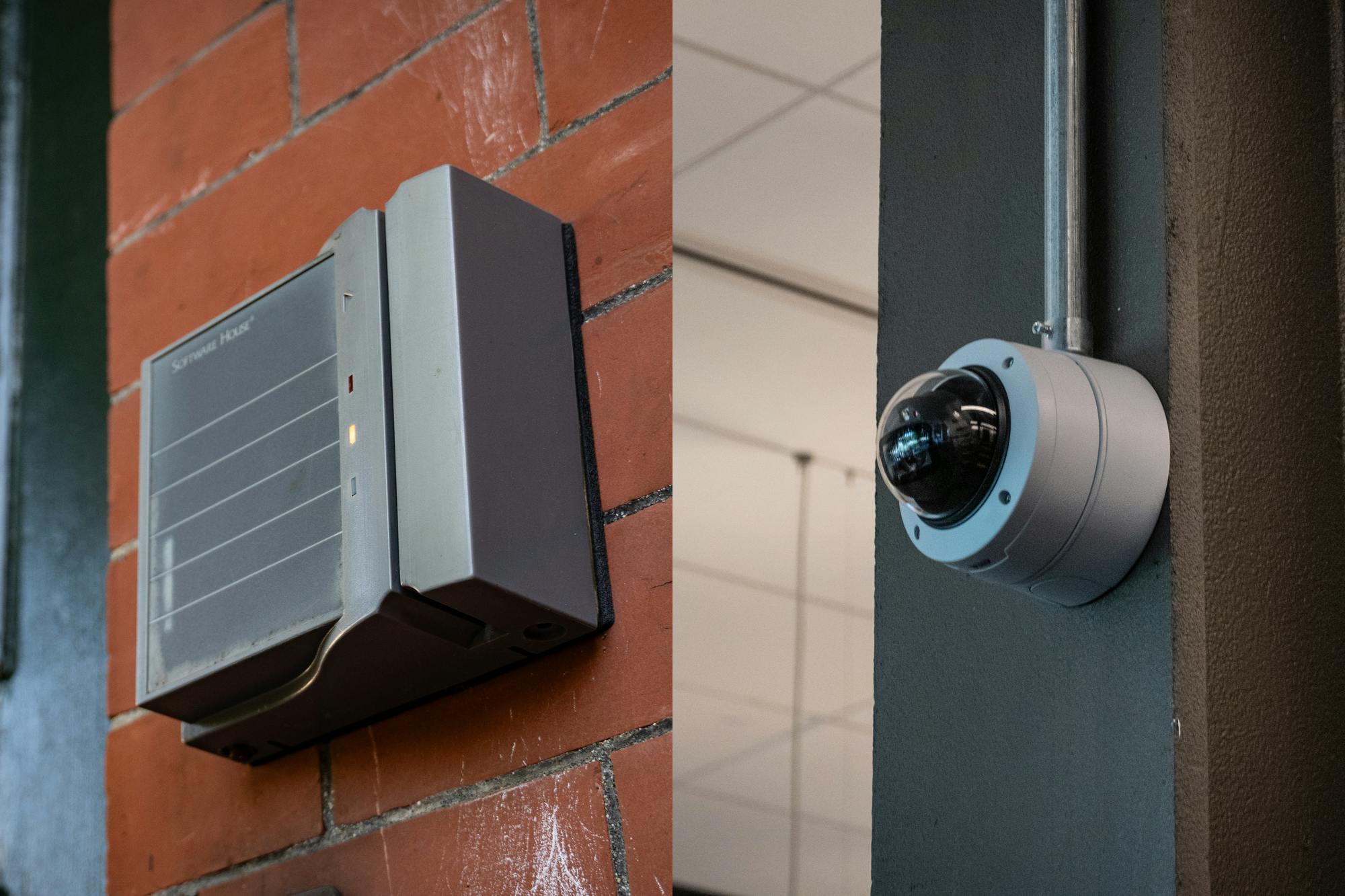 Left: A photo of a grey box with a thin slit on the right and three little red, yellow and green lights. Right: A photo of a round camera lens on a silver mount on a pole.

