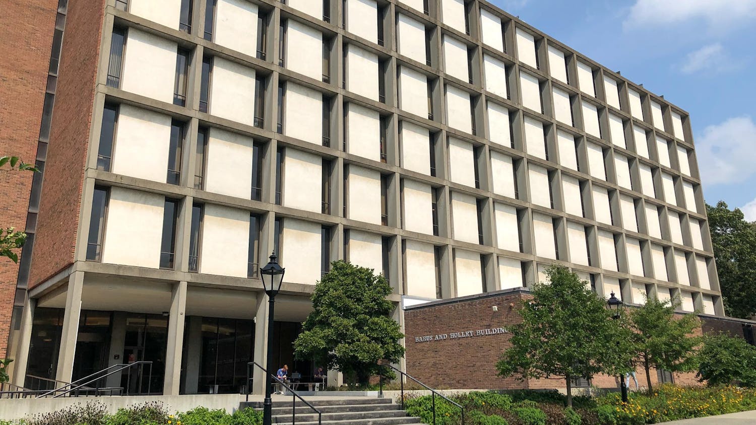 Photo of outside of Barus and Holley building on a sunny day.
