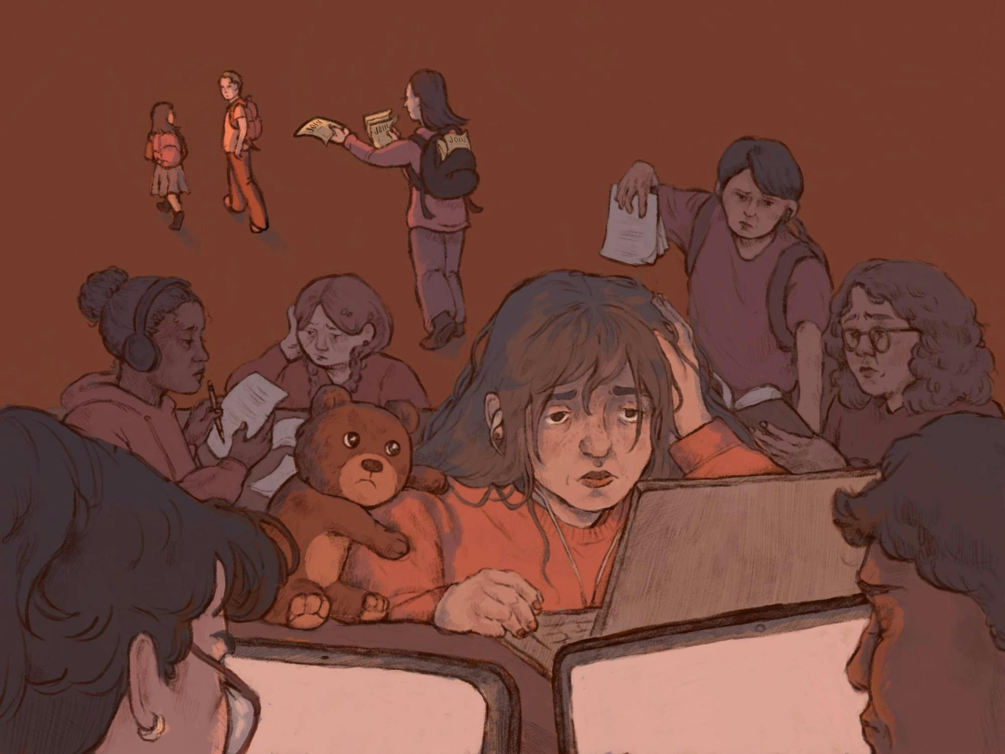 Maroon palette illustration of a group of tired students swamped with work while one desperately hands out flyers to disinterested people. 
