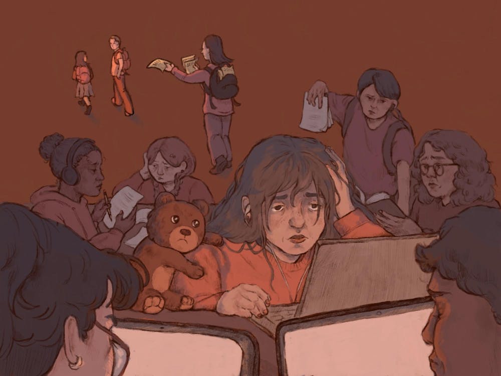 Maroon palette illustration of a group of tired students swamped with work while one desperately hands out flyers to disinterested people. 
