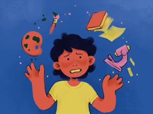 Illustration of individual juggling a paint palette, a paint brush, a book and a microscope.