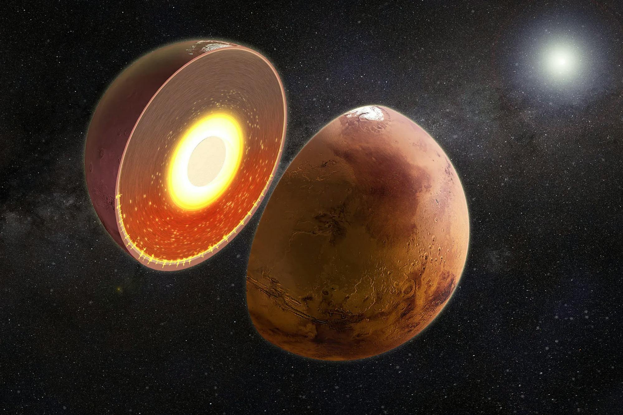 Photo of the planet Mars split in half depicting interior layers of the planet.