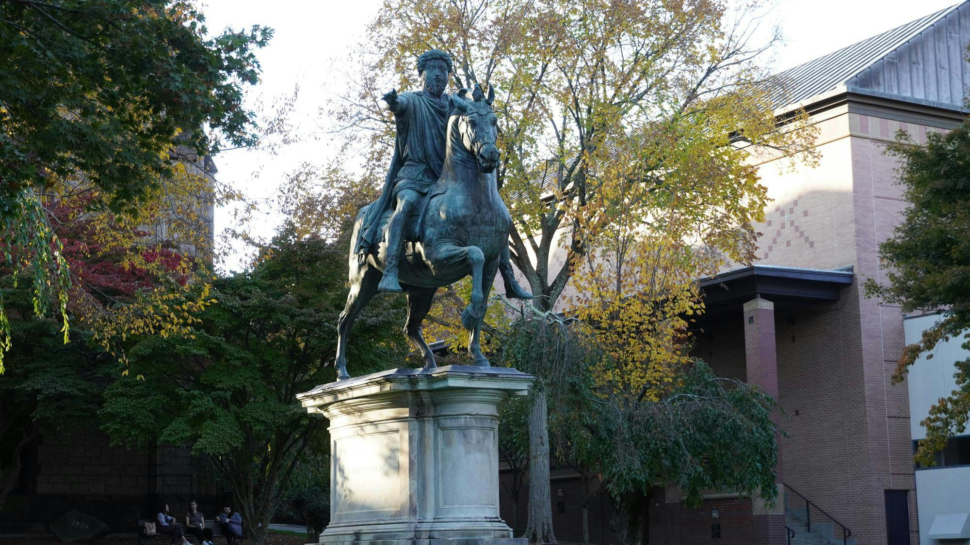 A photo of the Marcus Aurelius statue on Simmons Quad on a sunny winter day.