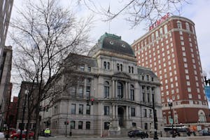A photo of the Providence City Hall in the winter.