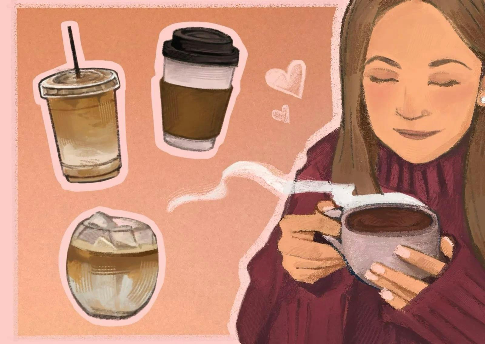 Illustration of a girl enjoying a cup of coffee as other drinks float in the foreground.
