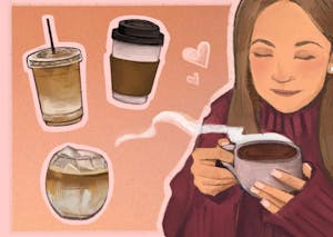 Illustration of a girl enjoying a cup of coffee as other drinks float in the foreground.
