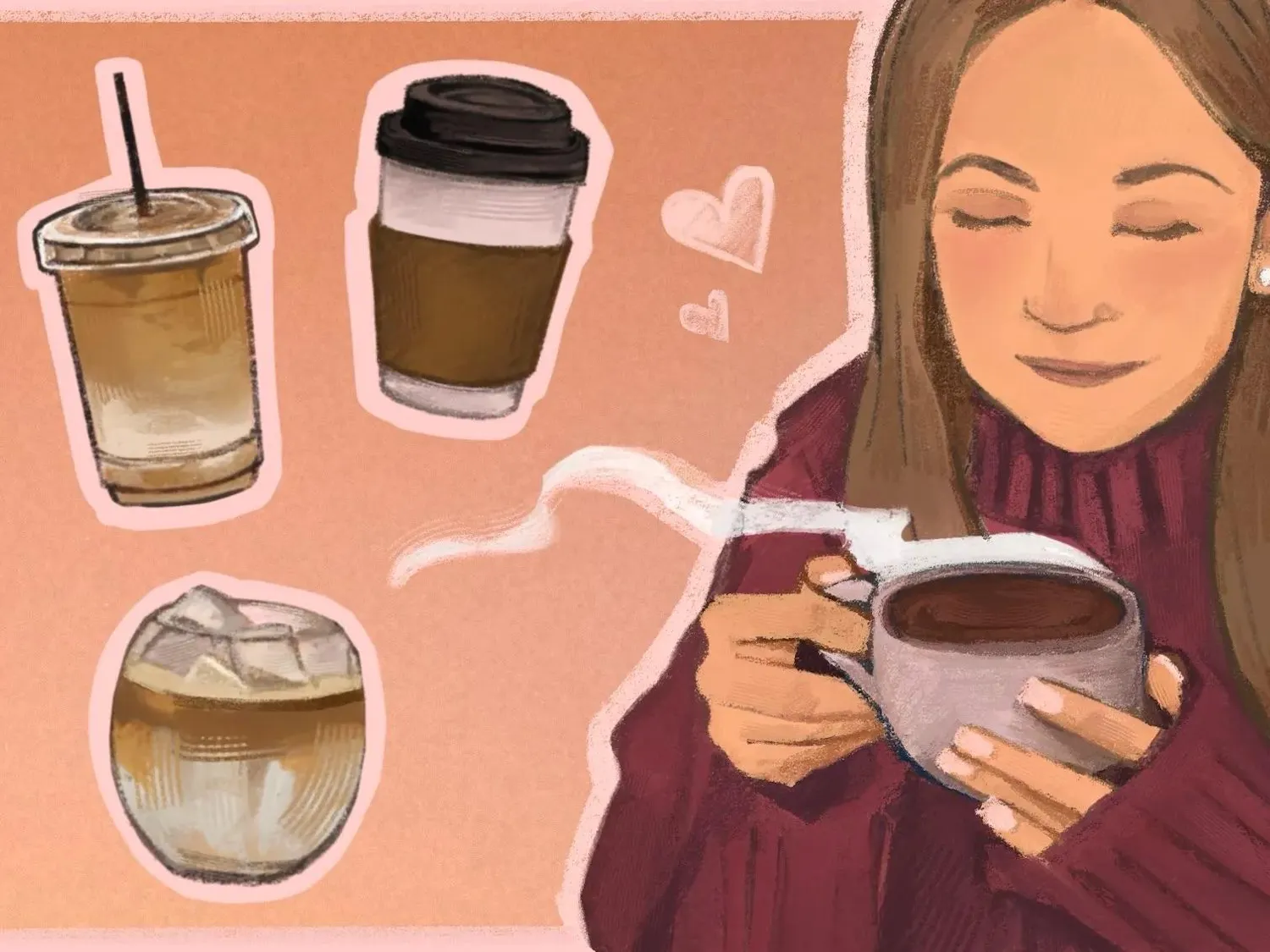 Illustration of a girl enjoying a cup of coffee as other drinks float in the foreground.