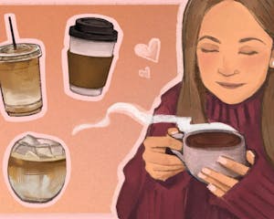 Illustration of a girl enjoying a cup of coffee as other drinks float in the foreground.