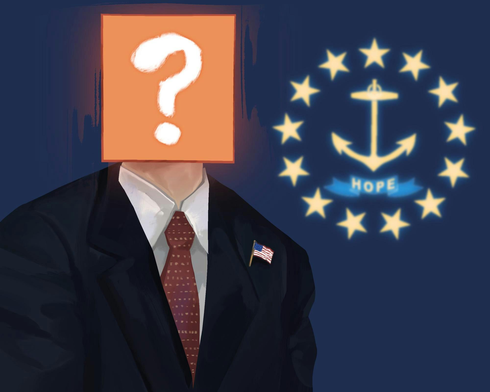 An illustration of a person in a suit with their face covered by a question mark next to the Rhode Island state symbol.