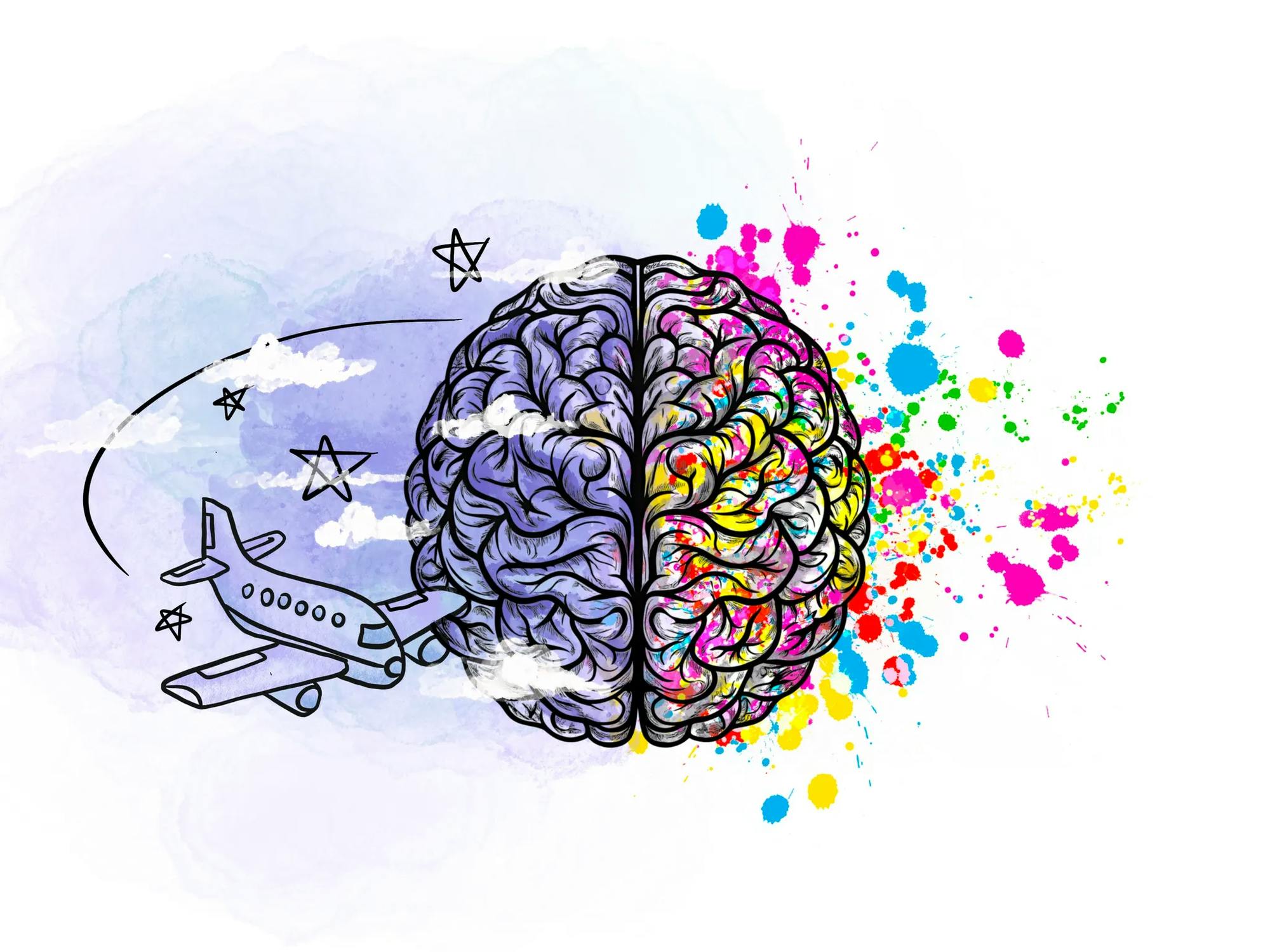 An illustration of the two hemispheres of a brain with designs, colors, and an airplane surrounding it
