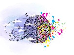 An illustration of the two hemispheres of a brain with designs, colors, and an airplane surrounding it