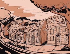 A brown and black illustration of a block of houses.