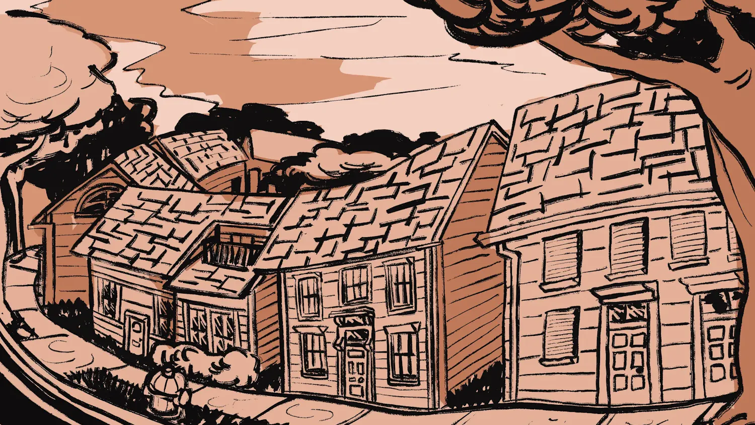 A brown and black illustration of a block of houses.