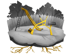 An illustration of a yellow slide and a yellow construction machine in a fenced park. The background is black and white with a jagged border and roots coming out of the bottom of the illustration.