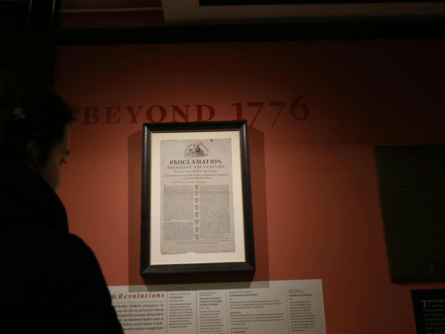 A document titled “PROCLAMATION / TOUSSAINT LOUVERTURE” framed on a wall in the John Carter Brown Library.