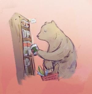 An illustration of a brown bear looking at a can taken from a wall of cans of food on sale.