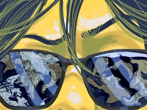 Illustration of a person’s face from forehead to nose, wearing shades with a distorted world map in the lens’ reflection.