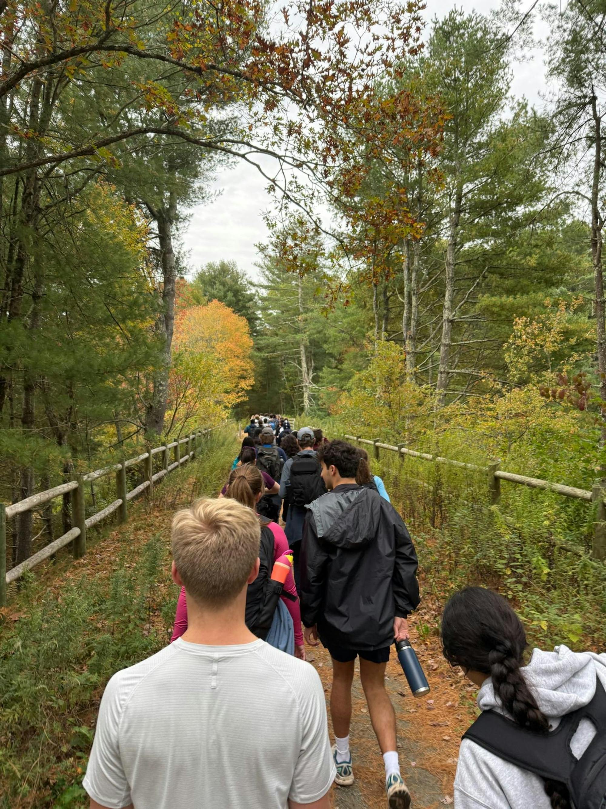 Photo of students in windbreakers and backpacks walking down a trail with wood railings and autumnal vegetation on either side.