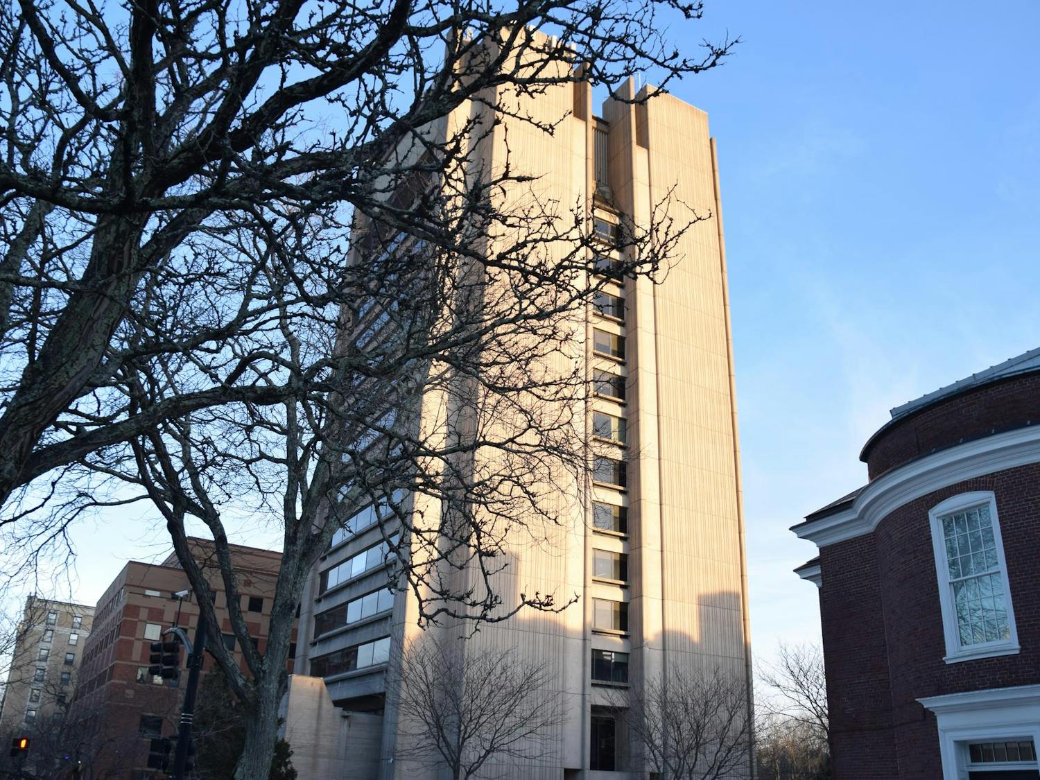 The SciLi is pictured on a sunny day with tree branches in front of it.