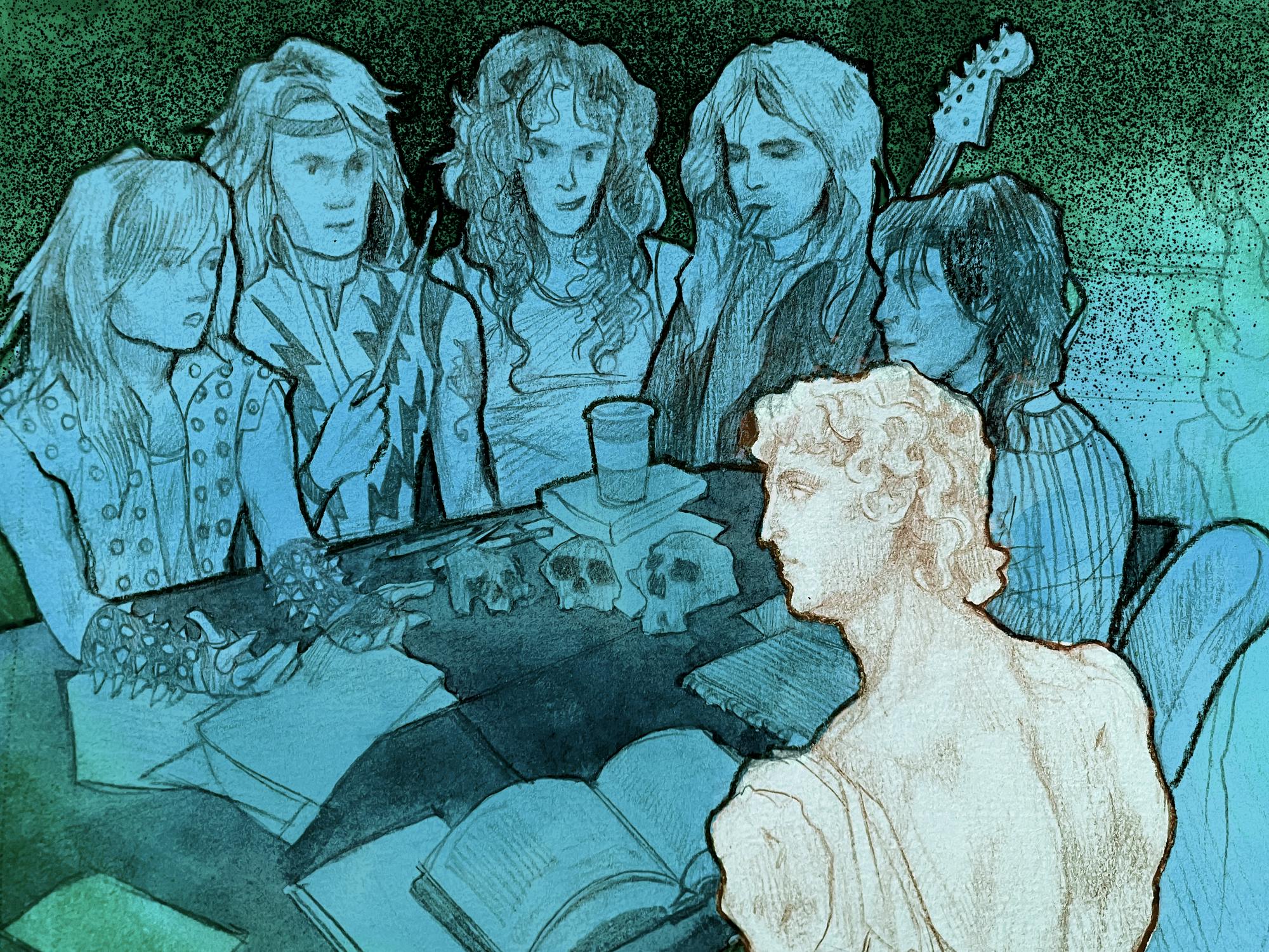 An illustration of a rock band and a Roman statue having a conversation.
