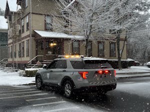 A police car surrounded by falling snow on Dec. 14. 