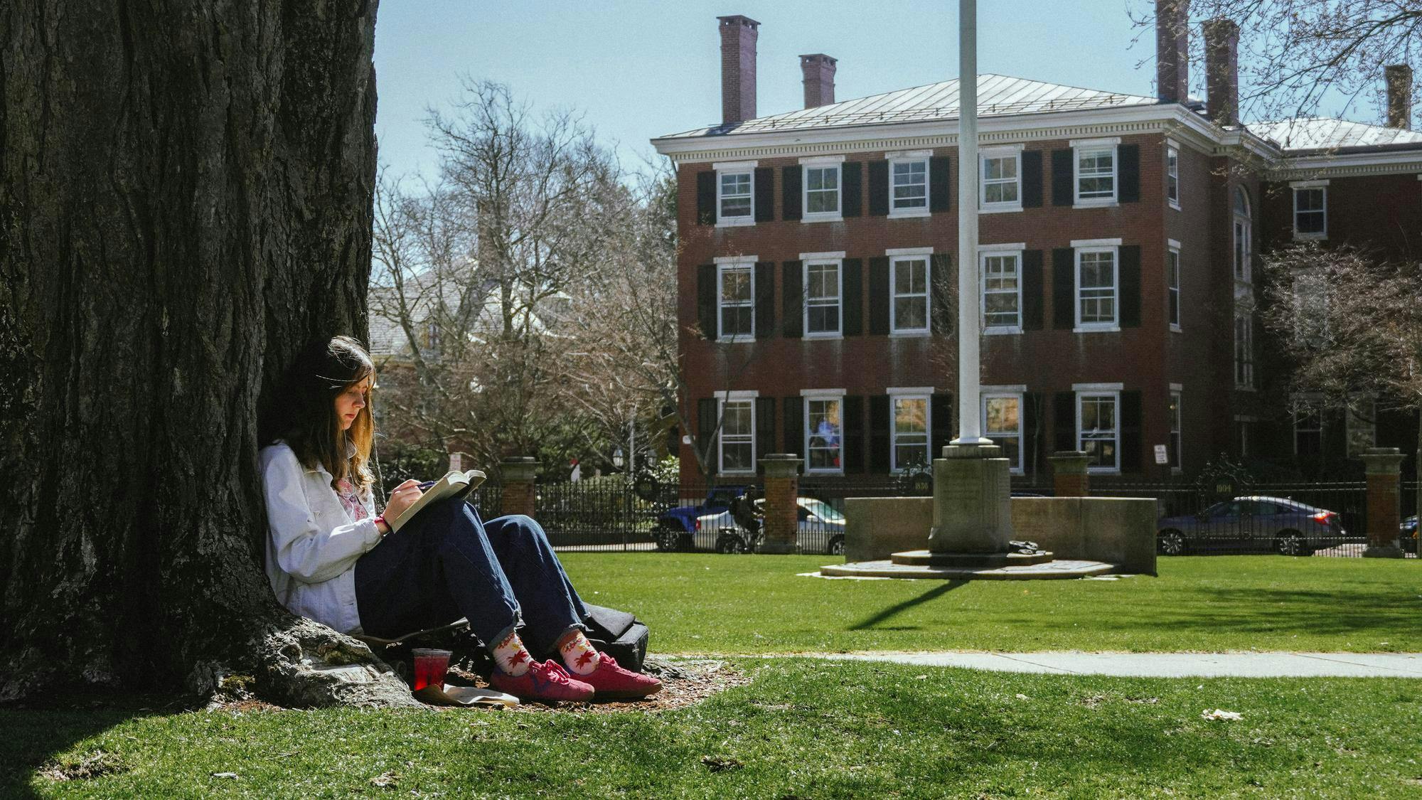 A photo of a girl reading a book on the Main Green.